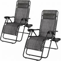 Chaise longue de jardin inclinable Chaise pliable avec porte-gobelet appui-tête Fauteuil relax Transat jardin Set de 2 anthracite - Casaria