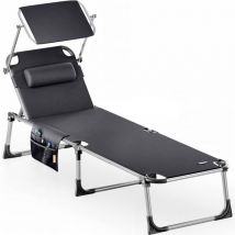 Chaise longue de jardin Malta 210cm Transat avec Pare-soleil réglable bain de soleil pliable de plage camping Graphite - Casaria