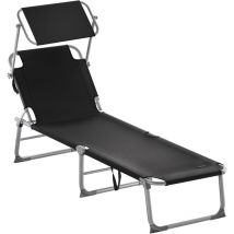 Chaise longue pliable transat avec pare-soleil facile à transporter bain de soleil pour plage jardin camping Noir