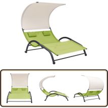 Chaise longue double avec auvent textilène vert - Chaises Longues - Bain De Soleil - Mobilier De Jardin - Chaises Longues Doubles - Transats