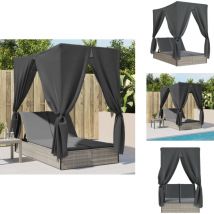 Chaise longue double avec toit et rideaux gris clair poly rotin - Chaise Longue Double - Chaises Longues Doubles - Transat - Lit De Bronzage