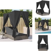 Chaise longue double avec toit et rideaux gris résine tressée - Chaise Longue Double - Chaises Longues Doubles - Transat - Lit De Bronzage
