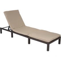 Mendler - Chaise longue HWC-A51, polyrotin, bain de soleil, transat de jardin - Basic marron, coussin crème