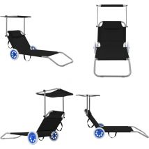Chaise longue pliable avec auvent et roues Acier Noir - Chaises Longues Pliantes - Chaises Longues Avec Auvent - Transats Pliants - Mobilier De