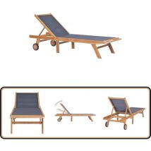 Chaise longue pliable avec roulettes Teck massif et textilène - Transat Jardin - Chaise Longue Teck - Mobilier De Jardin - Chaises Longues Pliables