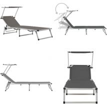 Chaise longue pliable avec toit aluminium et textilène gris - Chaises Longues Pliables - Transats - Mobilier De Jardin - Chaises Longues Aluminium
