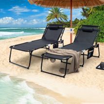 Design In - Chaise Longue Pliable Surdimensionnée Portable Inclinable Dossier Réglable Oreiller Amovible Poche Noir CW86745