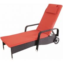 Décoshop26 - Chaise longue relaxation transat de jardin bain de soleil poly rotin anthracite housse terracotta 040004238