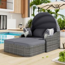 Chaise longue rembourrée de jardin, pe rotin, auvent réglable, , housses de coussin amovibles, 203 x 133 x 126 cm, gris