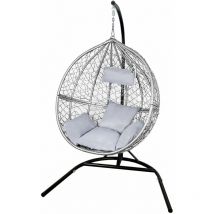 Chaise Suspendue Rotin Jardin Patio Extérieur Intérieur Eté Fourniture Siège Gris l Avec Set Coussins, Couverture imperméable et Cadre Métallique