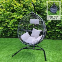 Chaise Suspendue Rotin Jardin Patio Extérieur Intérieur Eté Fourniture Siège Noir l Avec Set Coussins, Couverture imperméable et Cadre Métallique