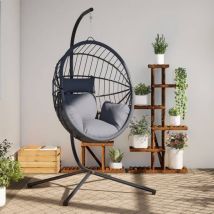 Chaise suspendue forme d'œuf et support gris clair rotin acier