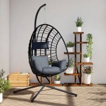 Chaise suspendue œuf support anthracite rotin et acier