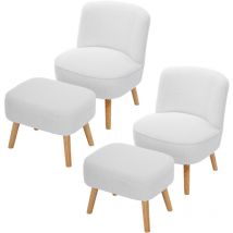 Chaise Teddy tapissée en velours avec tabouret, pieds en bois massif, blanc