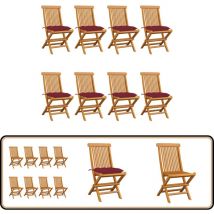 Chaises de jardin avec coussins bordeaux lot de 8 Teck massif - Chaise De Jardin Pliable - Chaise De Jardin Teck - Mobilier De Jardin - Chaise