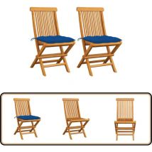 Chaises de jardin et coussins bleu lot de 2 Bois de teck massif - Chaise De Jardin Pliable - Chaise De Jardin En Bois - Chaise De Jardin Teck