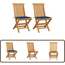 Chaises de jardin et coussins bleu royal lot de 2 Bois de teck - Chaise De Jardin Pliable - Chaise De Jardin En Bois - Mobilier De Jardin - Chaise
