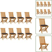 Chaises de jardin et coussins taupe lot de 8 Bois teck massif - Chaise De Jardin Pliable - Chaise De Jardin En Bois - Mobilier De Jardin - Chaise De