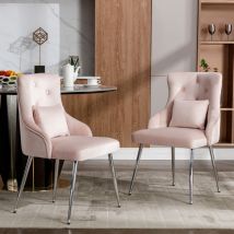 Fauteuil rembourré avec coussin lombaire, chaise de salle à manger, motif boutons, pieds en métal, chaise longue moderne - lot de 4, rose