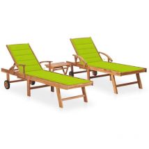 Inlife Chaises longues 2 pcs avec table et coussin Bois de teck solide