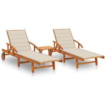 Inlife Chaises longues 2 pcs avec table et coussins Acacia solide