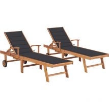 Chaises longues lot de 2 avec coussin anthracite Teck solide