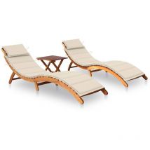 Chaises longues lot de 2 avec table et coussins Acacia solide