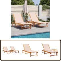 Chaises longues lot de 2 table crème bois d'acacia et textilène - Chaise Longue - Transat - Lit De Soleil - Lit De Bronzage - Mobilier De Jardin