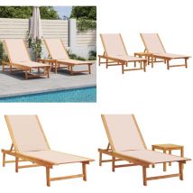Chaises longues lot de 2 table crème bois d'acacia et textilène - Chaise Longue - Transat - Lit De Soleil - Lit De Bronzage - Mobilier De Jardin