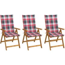 Chaise de jardin pliable en bois d'acacia massif – 3 pièces – Coussin à carreaux rouge – Dimensions 57x69x111 cm – HAPPYSHOPPING