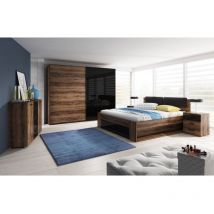 Meublorama - Dormitorio floyd: Armario de 220cm, Cama de 180x200, cómoda, mesitas de noche. Color roble oscuro y negro brillante.