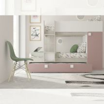 Webmarketpoint - Chambre avec lit superposé et lit gigogne avec armoire intégrée blanc usé et vieux rose