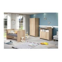 Chambre bébé trio niko - Lit 70x140 cm + Commode a langer 2 portes + Armoire 2 portes - Décor chene naturel Trendteam