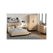Chambre complète 140x190/200 Chêne et Noir - DORON - Cadre de lit : L 151 x l 204 x H 90 cm Armoire : L.90,7 x 50 x 180 cm Chevet : L 44.5 x h 35.6 x