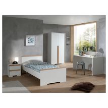 Lit 90x200 - Chevet 2 tiroirs - Armoire 2 portes et Bureau Vipack London - Blanc