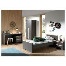 Lit 90x200 - Chevet 2 tiroirs - Armoire 2 portes - Bureau et Caisson de bureau Vipack London - Anthracite