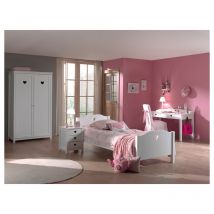 Lit 90x200 - Chevet 3 tiroirs - Armoire 2 portes et Bureau Vipack Amori - Blanc