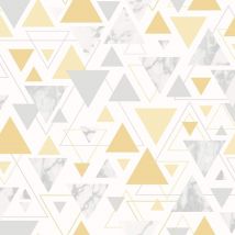 Debona - Triangle Geometric Metallic Wallpaper Yellow Grey Silver Marble Pastel