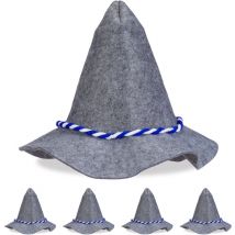 Relaxdays - Chapeau bavarois, lot de 5, cordelette bleue et blanche, chapeau tyrolien, pour carnaval, fêtes, feutre, gris