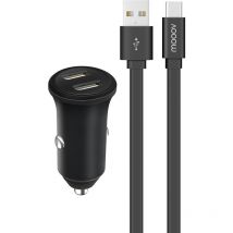 Chargeur allume-cigares 2 usb-a 4,8A Fast Charge+câble usb-a/c - 100% plastique recyclé 1 m - noir