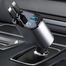 Chargeur de voiture rétractable avec 100 w, chargeur rapide de voiture 4 en 1 pour iPhone et Type c, câbles rétractables (31,5 pouces) et 2 ports de