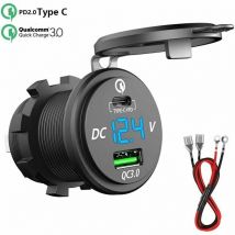 Chargeur Rapide usb c Voiture 12V / 24V qc 3.0 64W Double Prise Chargeur usb Étanche avec led Voltmètre pour Voiture Aarine Moto Bateau