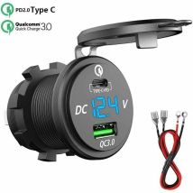 Chargeur Rapide Usb C Voiture 12v / 24v Qc 3.0 64w Double Prise Chargeur Usb Étanche Avec Led Voltmètre Pour Voiture Aarine Moto Bateau Caravane,