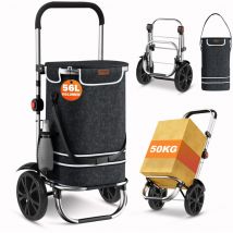 Chariot de Courses à Roulettes 56 l - 2 en 1 Diable Caddie à 2 Roues avec Cadre en Alliage d'Aluminium et Sac Imperméable Amovible - Noir