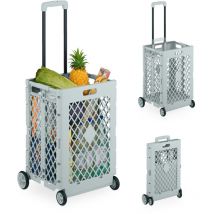 Relaxdays - Chariot de courses pliable, caisse sur roulettes, 25 kg, poignée télescopique, grillagé, gris