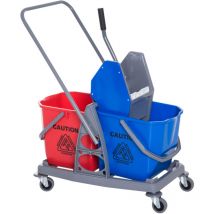 Chariot de lavage chariot de nettoyage professionnel presse à mâchoire 2 seaux 25 l 73L x 45l x 92H cm plastique gris bleu rouge