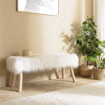 Macabane - charles - Banc 120x40cm peau de mouton couleur ivoire pieds bois naturel