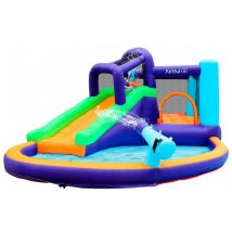 Airmyfun - Château Aquatique Gonflable Magic Island avec toboggan et canons à eau, 430x380x190 cm - souffleur et sac de rangement inclus