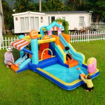 Château gonflable avec souffleur 450W pour enfants,Auvent de magasin,Trampoline,2 Toboggan,Fontaine,Pistolets à eau,395x340x236CM,Tissu Oxford