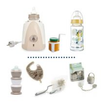 Thermobaby - Chauffe biberon + Biberon verre 230ml + Goupillon biberon + Boîte doseuse de lait + Bavoir + Coffret Boîte a sucettes